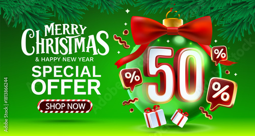 Merry Christmas and Happy New Year 50 percent sale banner.