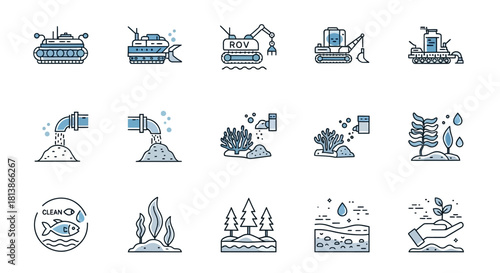 Water Pollution and Environmental Protection Line Icons Set.