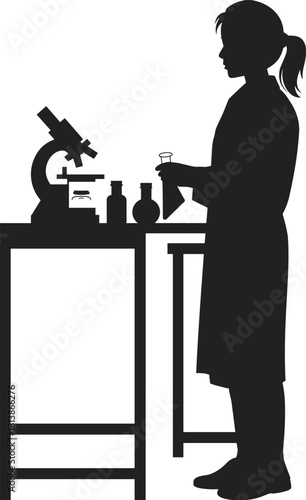 Silhouette of female scientist working with microscope and laboratory equipment, conducting research experiment in science lab, professional medical technology illustration