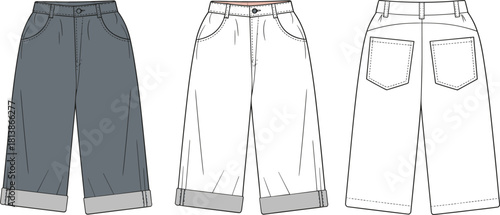 Wide leg cropped pants fashion flat sketch, casual denim trousers vector template, rolled hem culottes design, cad drawing flat vector illustration