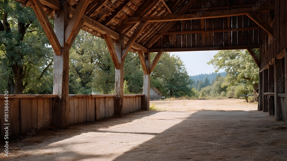 Fototapeta premium Rustic wooden barn interior with beams and open entrance revealing a sunlit field and distant hills