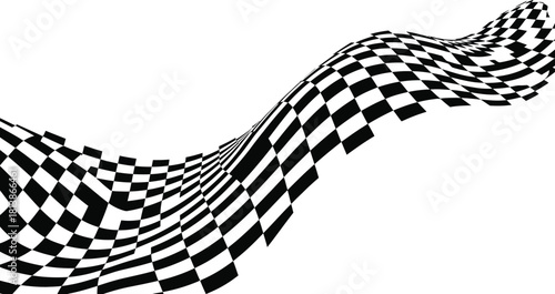 Abstract wavy checkered flag pattern flowing dynamically across a white background, representing speed, victory, and racing competition in a modern graphic design