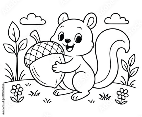 Cute squirrel holding acorn on field with grass and flowers coloring page vector