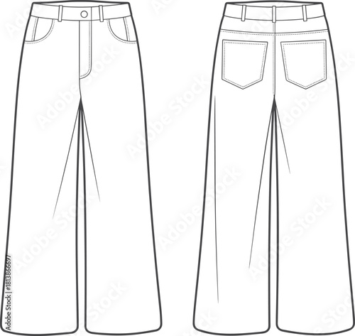 Wide-leg pants technical fashion sketch, front and back view, high waist, patch pockets, belt loops, cad drawing flat vector illustration