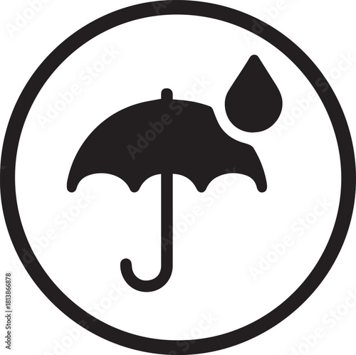 A simple black icon depicting an umbrella with a raindrop above it, enclosed within a circular border.