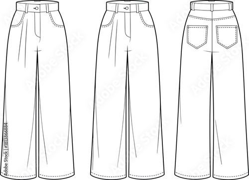 Wide-leg pants technical sketch, front back 3/4 view, pleated design, fashion template, cad drawing flat vector illustration, garment construction