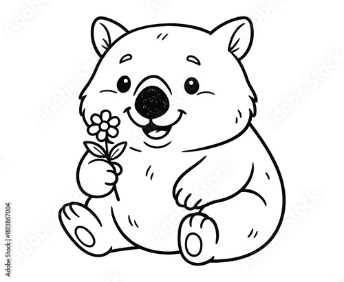 Smiling wombat holding flower with copy space in square frame white backdrop