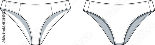 Women’s bikini underwear technical flat, detailed lingerie template front and back view, seamless apparel design, cad drawing flat vector illustration