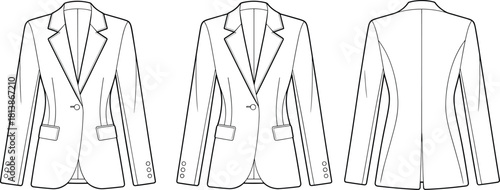 Women’s blazer technical fashion sketch, tailored jacket front and back views, detailed seams and lapel design, CAD drawing flat vector illustration