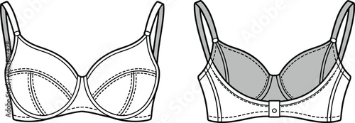 Women’s bra front and back technical sketch, lingerie fashion template with detailed stitching, apparel construction design, cad drawing flat vector illustration