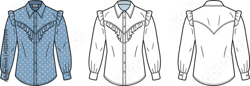 Women’s ruffle blouse front and back fashion technical sketch with detailed seams and design lines, clothing template, cad drawing flat vector illustration