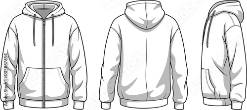 Zip-up hoodie fashion sketch, technical flat vector, garment design template, clothing construction drawing, CAD illustration front, back, side views
