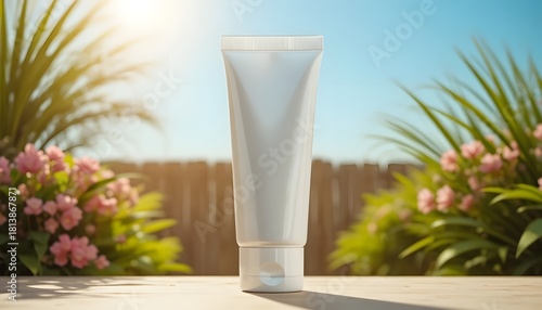 Protect your skin with this luxurious sunscreen tube, perfect for a sunny day, showcasing natural skincare with a clean aesthetic and refreshing summer vibes