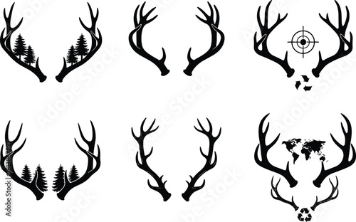 Set of deer antlers silhouettes, vector collection featuring forest trees, hunting target, world map, and recycle symbols for outdoor logo design.