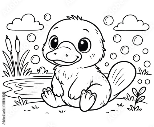 Cute platypus sits near pond with bulrush reeds and bubble on white background
