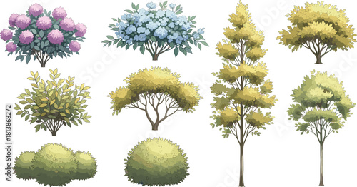 Collection of Flowering Bushes and Green Trees Vector Illustration for Garden Landscape and Game Environment Assets (16 words)v