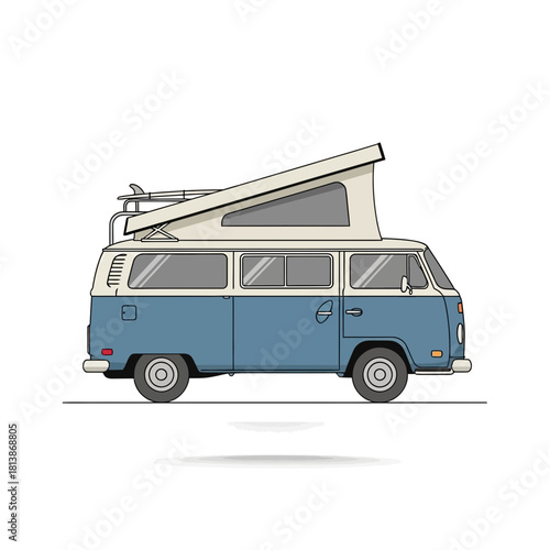 Blue and white camper van with pop-up roof on a white background.