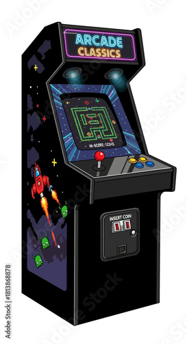 Small black arcade game machine with colorful graphics on the screen and sides.
