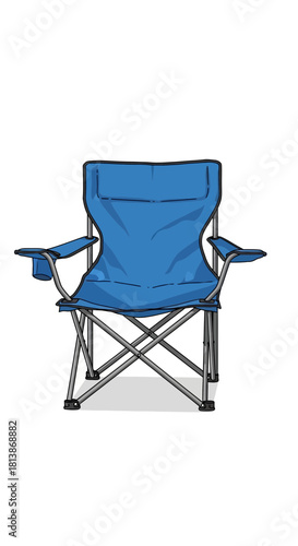 Blue folding chair with metal frame isolated on white background.