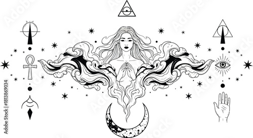 Mystical black and white illustration of a celestial goddess figure with flowing hair, surrounded by stars, moons, and esoteric symbols, isolated on white background