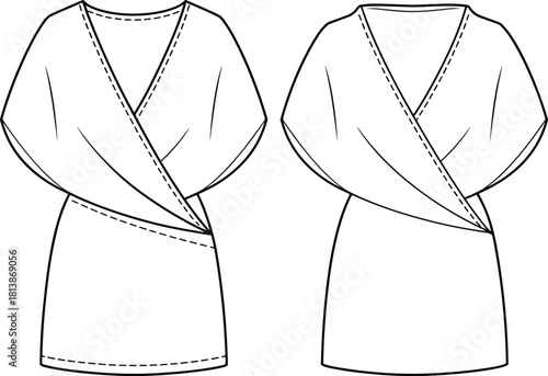 Women's wrap blouse technical fashion flat, vector illustration of draped sleeve top, v-neck clothing design template for apparel.