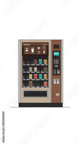 Vending machine with various items on display against a white background.