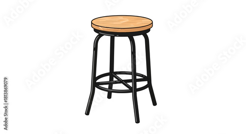 Isolated stool with wooden seat and black metal legs against white background.