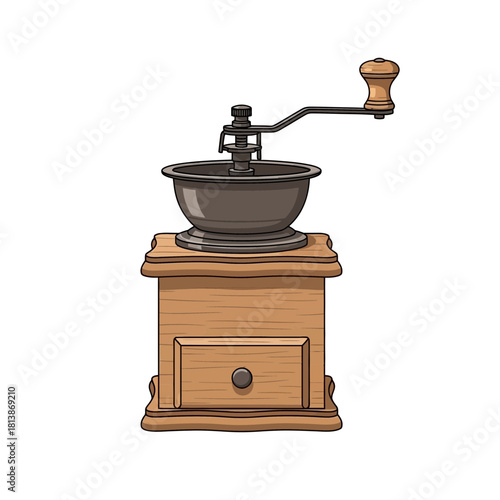 A wooden coffee grinder with a drawer and handle on a white background.