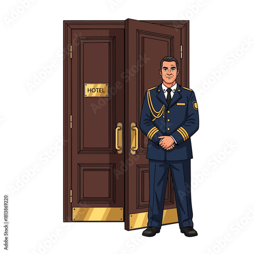 Doorman in uniform stands by a brown double door with gold accents.