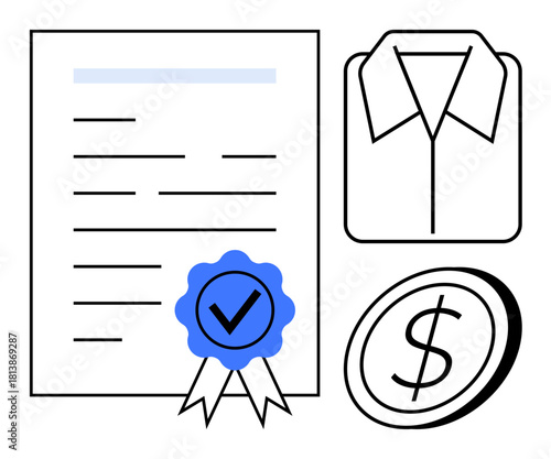 Certificate with badge, shirt icon, and dollar coin highlighting quality assurance, finance, apparel, contracts, certification, retail and trust. Ideal for clear communicative simple flat metaphor