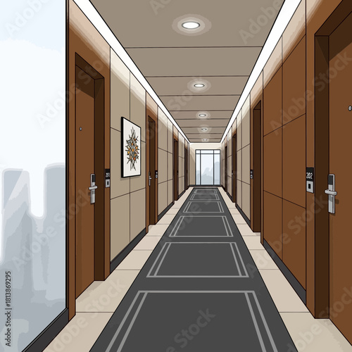 Long hallway with doors and carpet illuminated by ceiling lights.