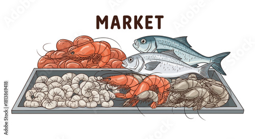 Seafood assortment on a tray with the word market above it.