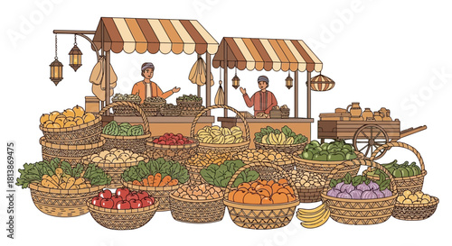 Market stalls display various fruits and vegetables in baskets under striped awnings.