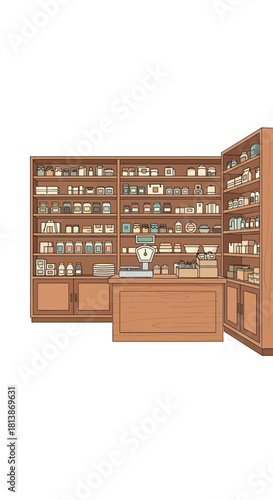Interior view of a pharmacy or apothecary with shelves and a counter.