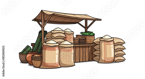 Cartoon market stall with sacks and pots on a white background.