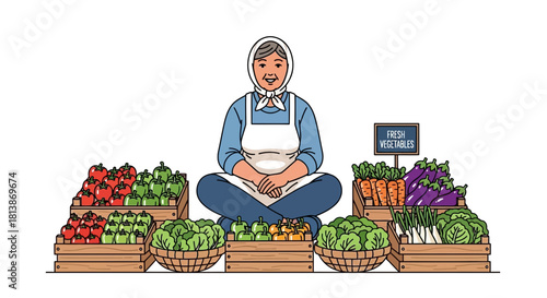 Woman sits cross-legged behind vegetable market stall with various produce in baskets.