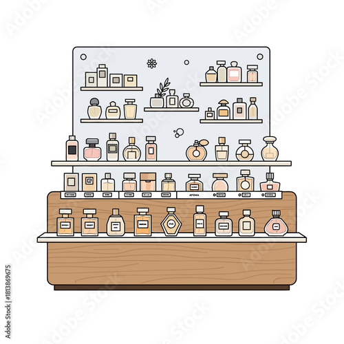 Illustration of bottles and jars displayed on shelves against a white background.