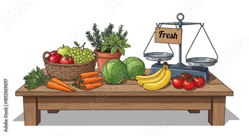 Table with fruits vegetables herbs and scales illustration on white background.