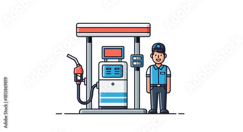 Man stands next to a gas pump under a canopy on a white background.