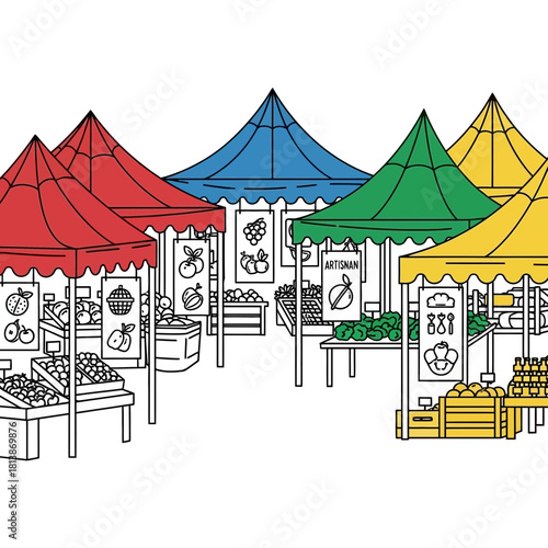 Colorful market stalls with various goods displayed under tents vector illustration.