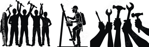 Vector silhouette of construction team holding tools, repairman on ladder and hands raising equipment, illustration for labor day and workforce concept.