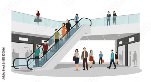 People on escalator and walking in a shopping mall interior illustration.