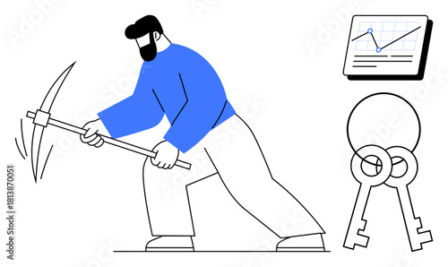 Man using pickaxe symbolizing effort, graph indicating progress, keys suggesting access or solution. Ideal for success, hard work, finance, data, goals opportunities achievement. Simple flat