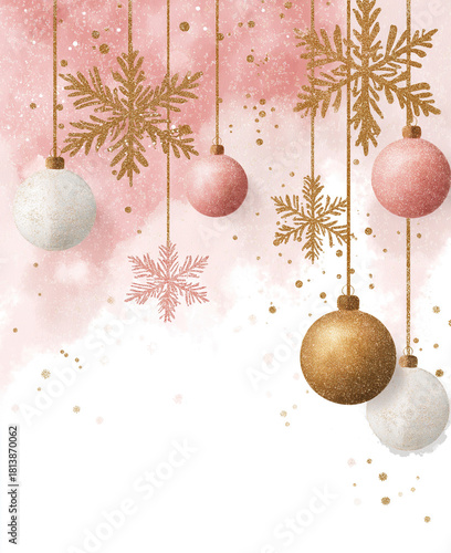 pink watercolor background with gold glitter snowflakes and christmas ornaments
