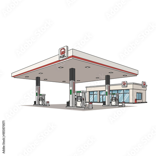 Gas station building with canopy and convenience store isolated on white background.