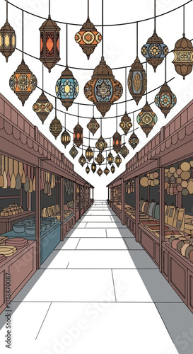 Interior view of a market with hanging lanterns and shelves filled with goods.