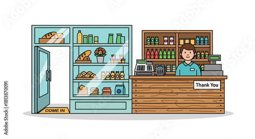 Illustration of a small shop with shelves and a cashier behind a counter.
