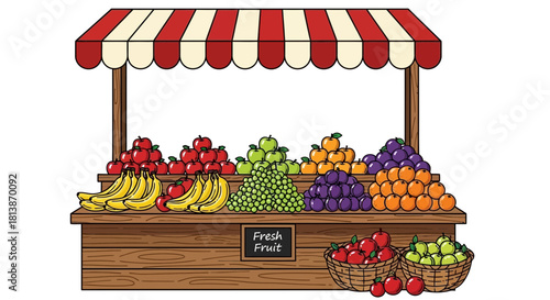 Fruit stand with awning displays various fruits in a market setting.