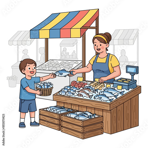 Woman sells fish to a boy at a market stall illustration.