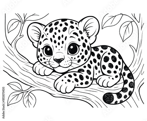 Cute leopard cub illustration resting on branch with leaf spotted pattern